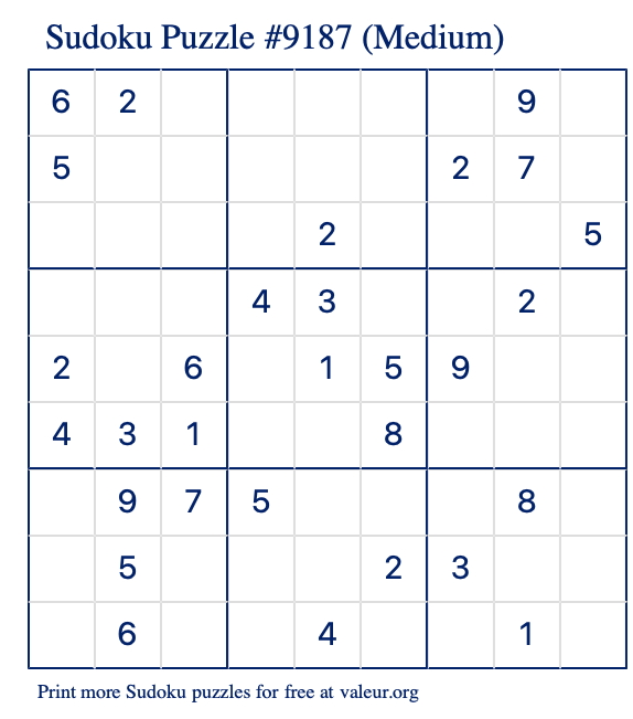 Free Printable Medium Sudoku Puzzle number 9187