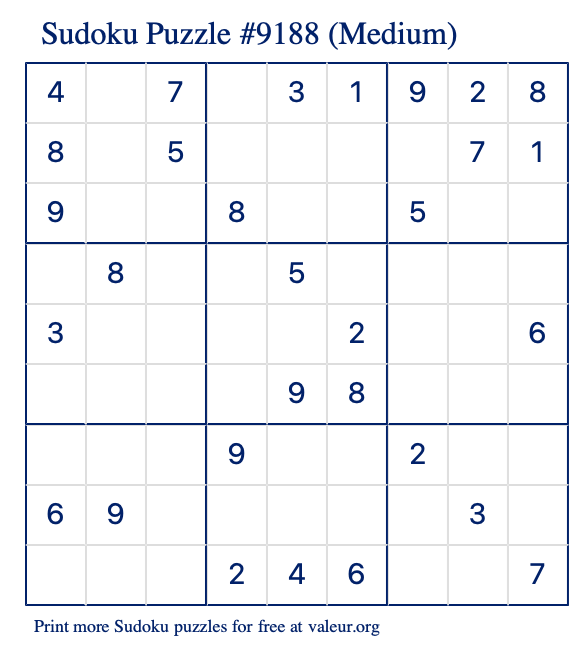 Free Printable Medium Sudoku Puzzle number 9188