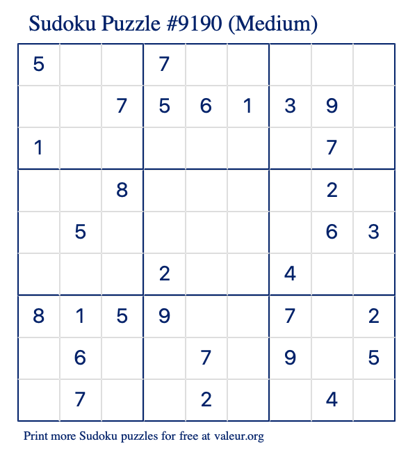 Free Printable Medium Sudoku Puzzle number 9190