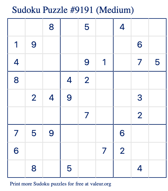 Free Printable Medium Sudoku Puzzle number 9191