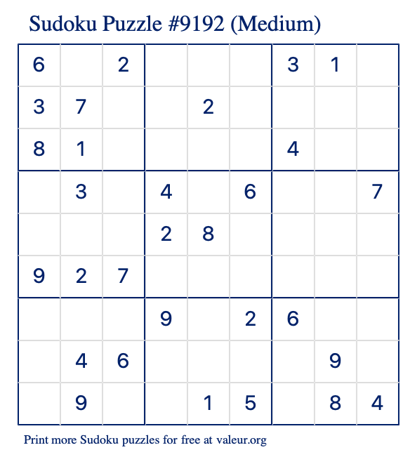 Free Printable Medium Sudoku Puzzle number 9192