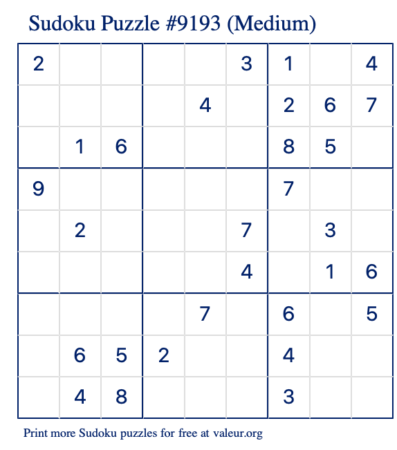 Free Printable Medium Sudoku Puzzle number 9193