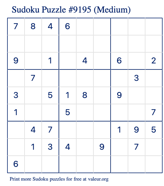 Free Printable Medium Sudoku Puzzle number 9195