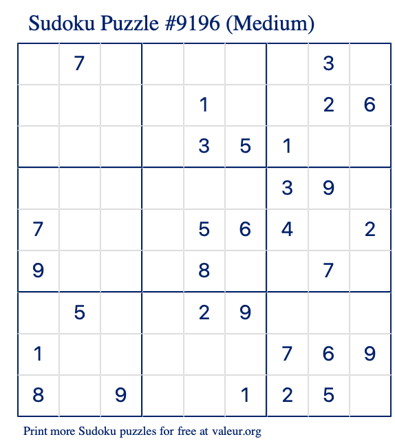 Free Printable Medium Sudoku Puzzle number 9196