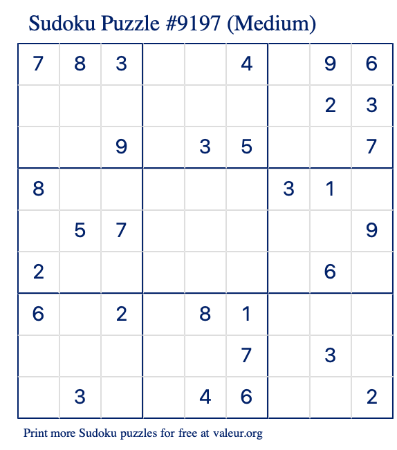 Free Printable Medium Sudoku Puzzle number 9197