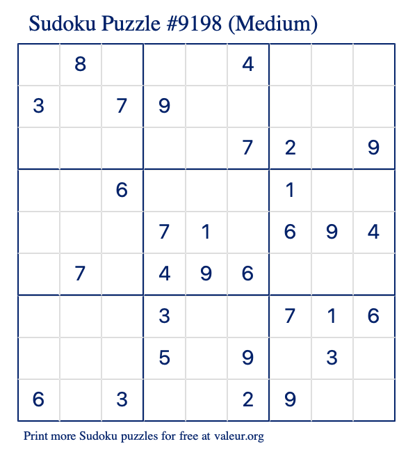 Free Printable Medium Sudoku Puzzle number 9198