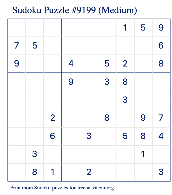 Free Printable Medium Sudoku Puzzle number 9199