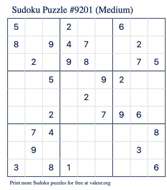 Free Printable Medium Sudoku Puzzle number 9201