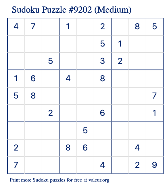 Free Printable Medium Sudoku Puzzle number 9202