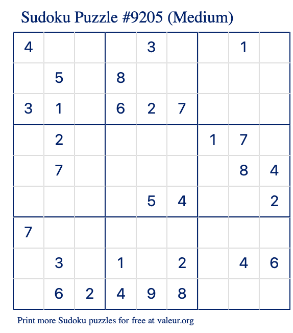 Free Printable Medium Sudoku Puzzle number 9205