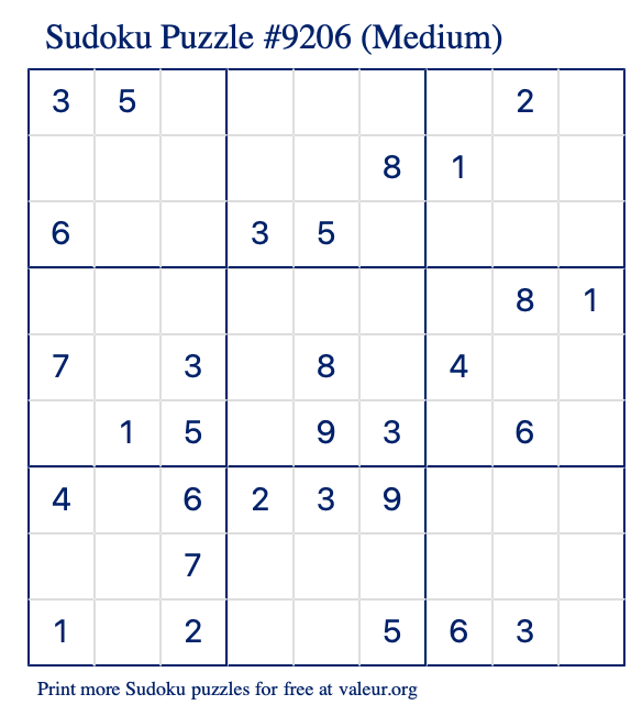 Free Printable Medium Sudoku Puzzle number 9206