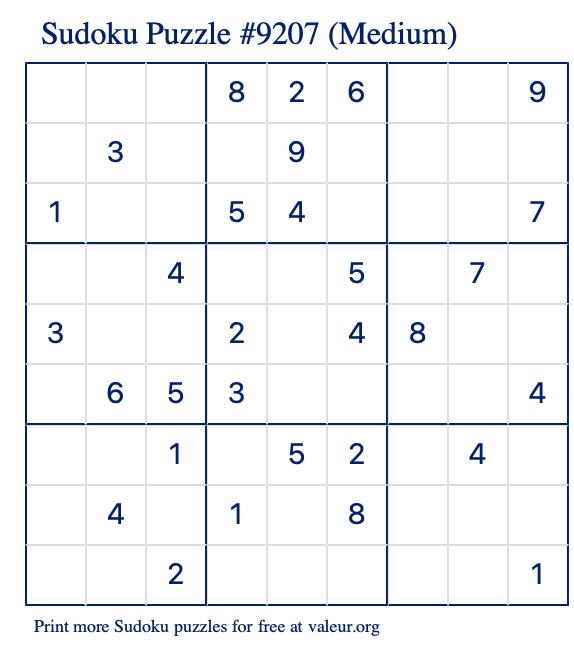 Free Printable Medium Sudoku Puzzle number 9207