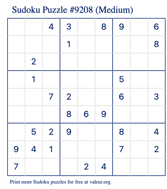 Free Printable Medium Sudoku Puzzle number 9208