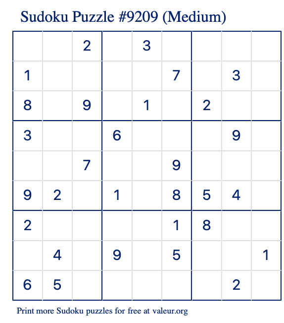 Free Printable Medium Sudoku Puzzle number 9209