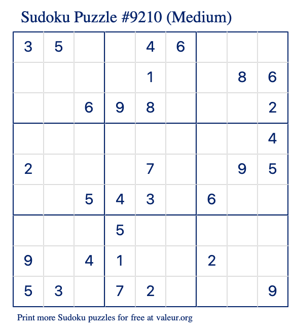 Free Printable Medium Sudoku Puzzle number 9210