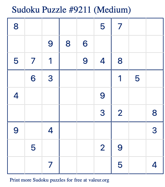 Free Printable Medium Sudoku Puzzle number 9211