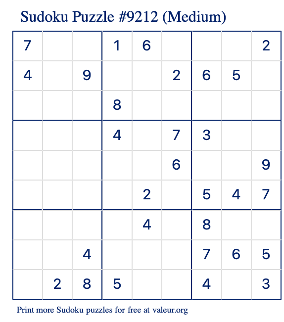 Free Printable Medium Sudoku Puzzle number 9212