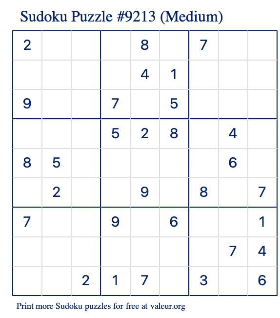 Free Printable Medium Sudoku Puzzle number 9213