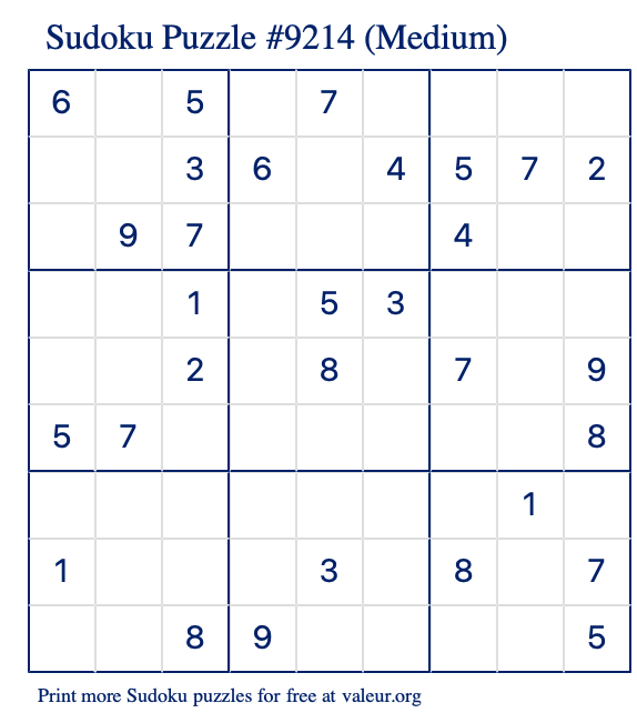 Free Printable Medium Sudoku Puzzle number 9214