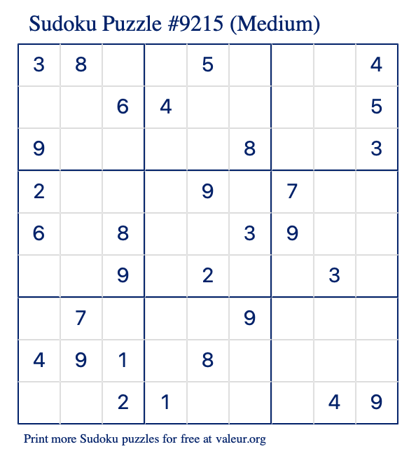 Free Printable Medium Sudoku Puzzle number 9215