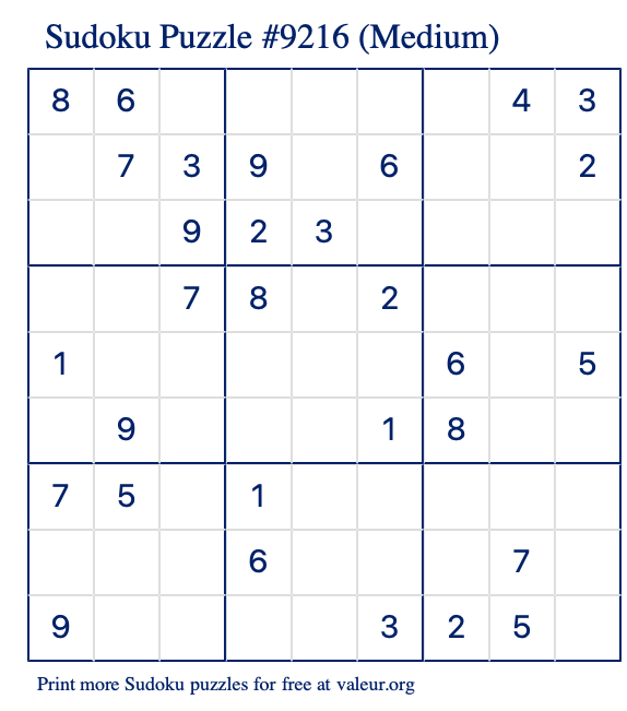Free Printable Medium Sudoku Puzzle number 9216
