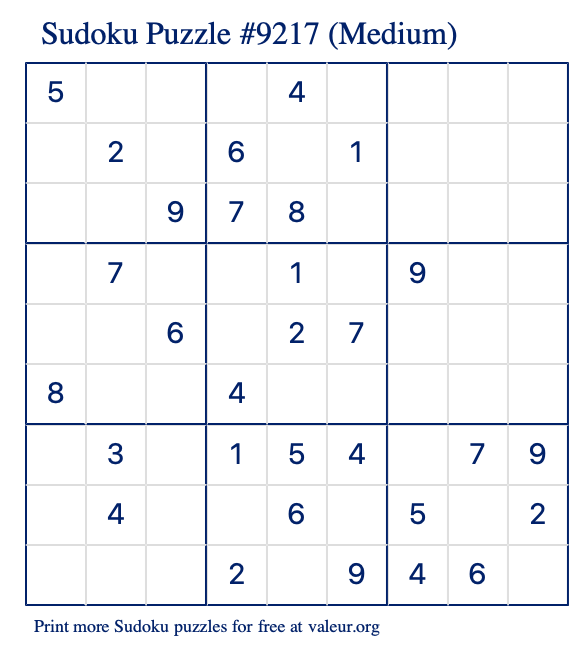 Free Printable Medium Sudoku Puzzle number 9217