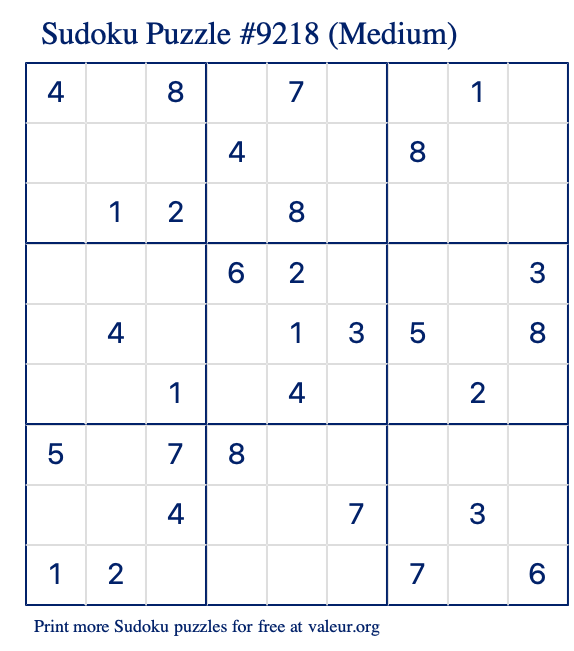 Free Printable Medium Sudoku Puzzle number 9218