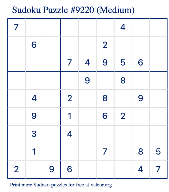 Free Printable Medium Sudoku Puzzle number 9220
