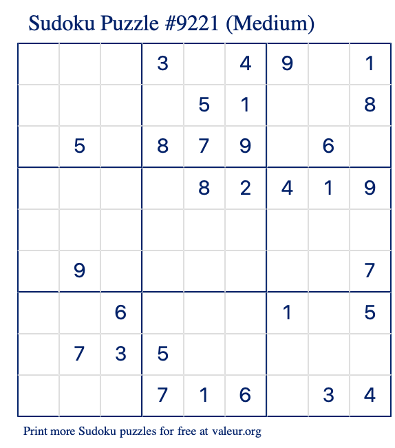 Free Printable Medium Sudoku Puzzle number 9221