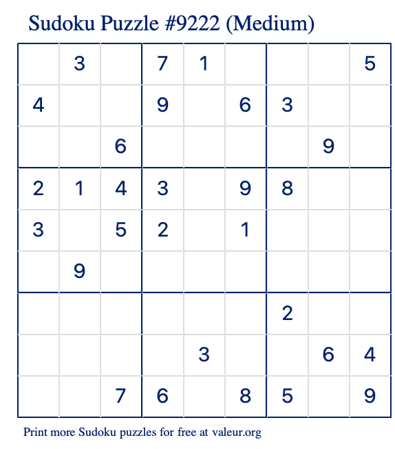 Free Printable Medium Sudoku Puzzle number 9222