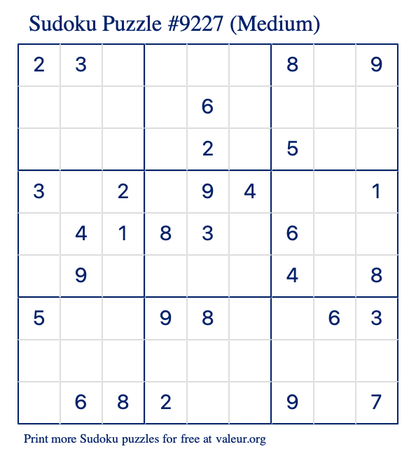 Free Printable Medium Sudoku Puzzle number 9227