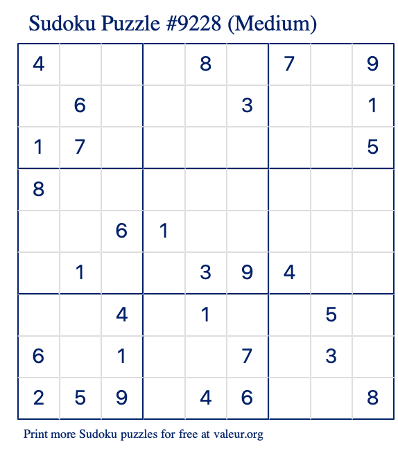 Free Printable Medium Sudoku Puzzle number 9228