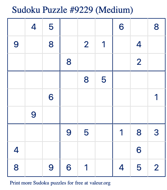 Free Printable Medium Sudoku Puzzle number 9229