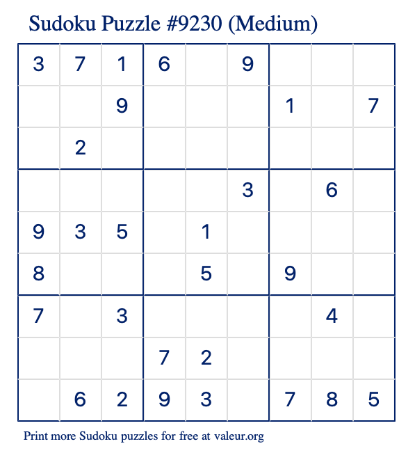 Free Printable Medium Sudoku Puzzle number 9230