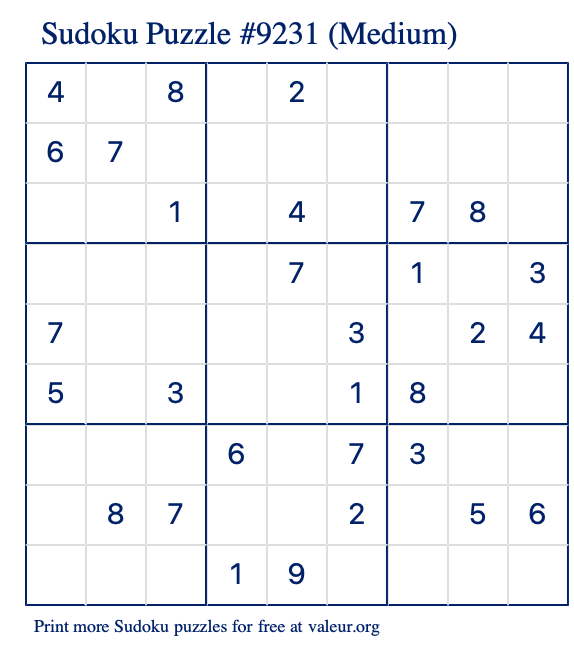 Free Printable Medium Sudoku Puzzle number 9231