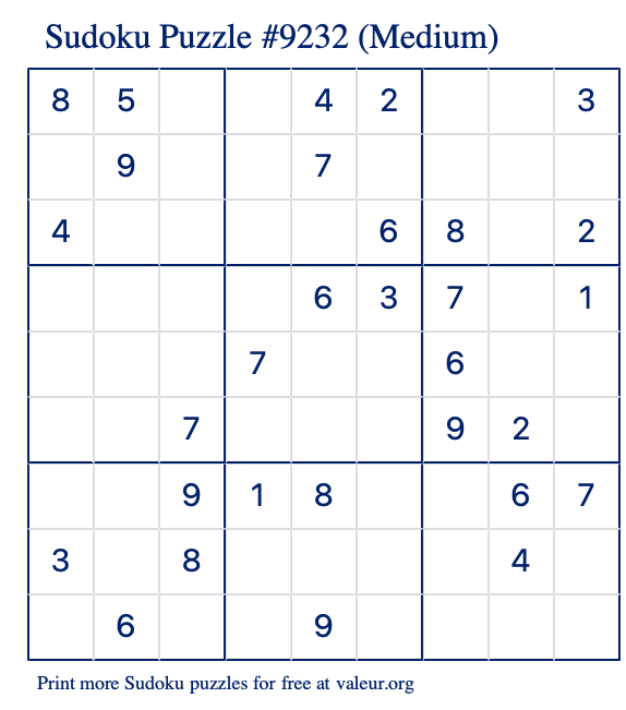 Free Printable Medium Sudoku Puzzle number 9232