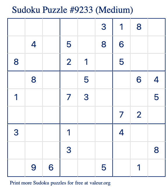 Free Printable Medium Sudoku Puzzle number 9233