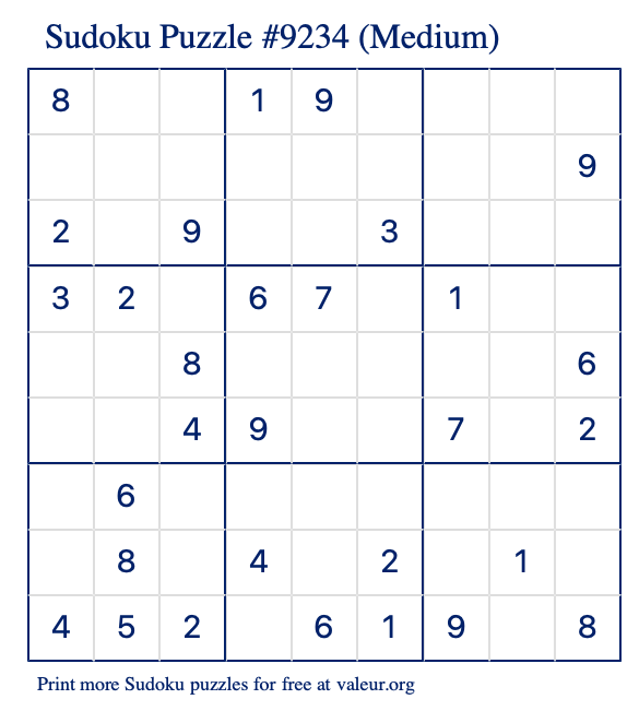 Free Printable Medium Sudoku Puzzle number 9234
