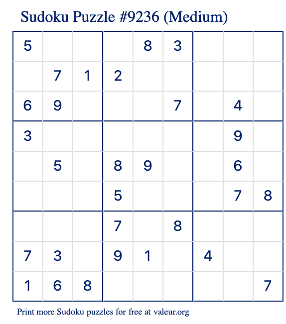 Free Printable Medium Sudoku Puzzle number 9236