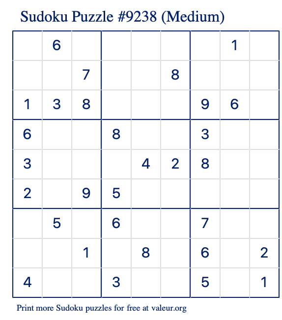 Free Printable Medium Sudoku Puzzle number 9238