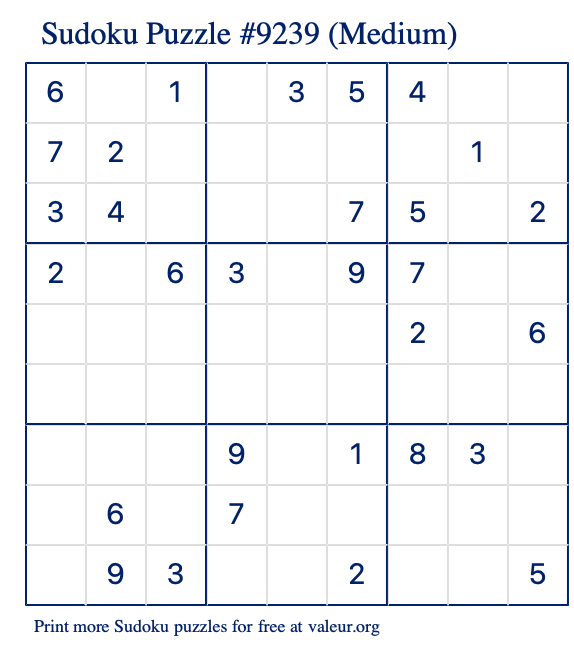 Free Printable Medium Sudoku Puzzle number 9239