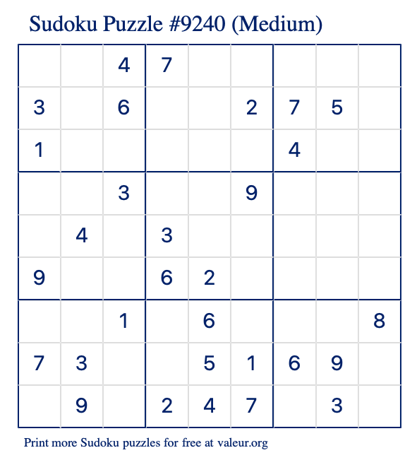 Free Printable Medium Sudoku Puzzle number 9240