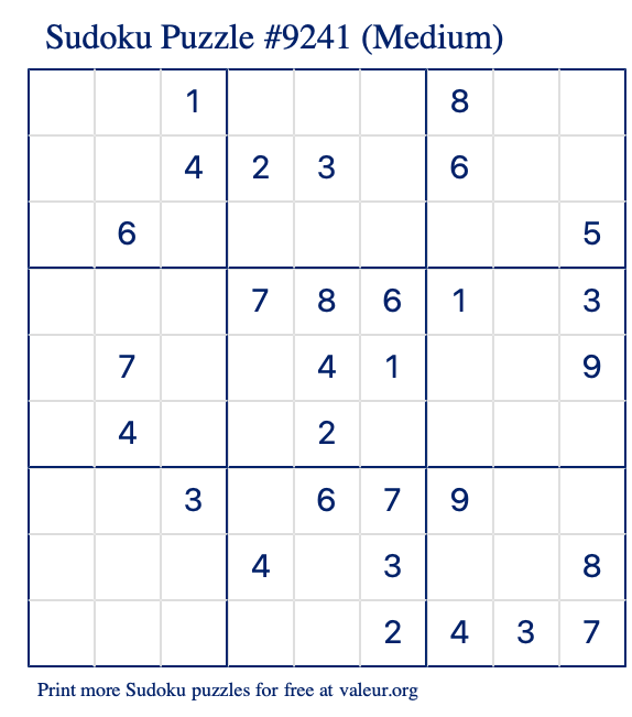 Free Printable Medium Sudoku Puzzle number 9241