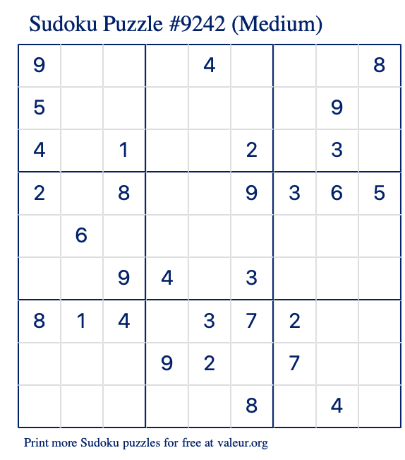 Free Printable Medium Sudoku Puzzle number 9242