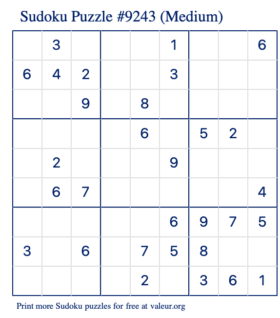 Free Printable Medium Sudoku Puzzle number 9243