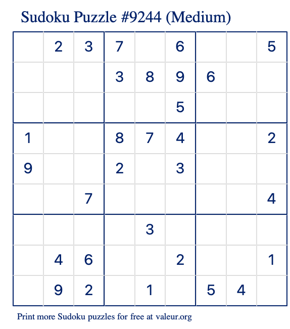 Free Printable Medium Sudoku Puzzle number 9244
