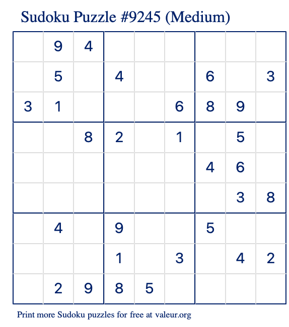 Free Printable Medium Sudoku Puzzle number 9245