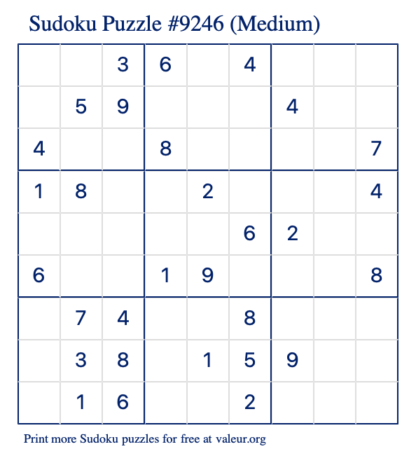 Free Printable Medium Sudoku Puzzle number 9246