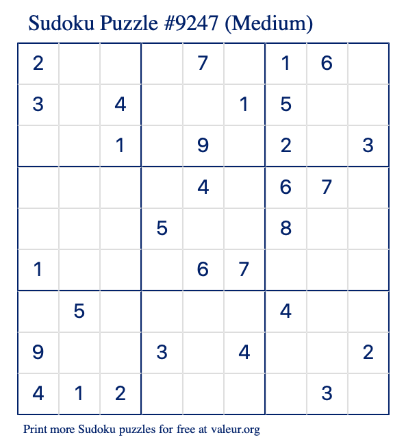 Free Printable Medium Sudoku Puzzle number 9247