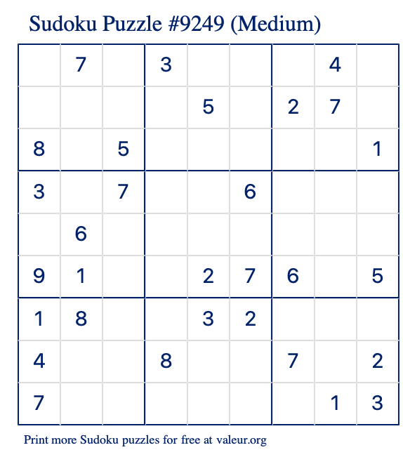 Free Printable Medium Sudoku Puzzle number 9249